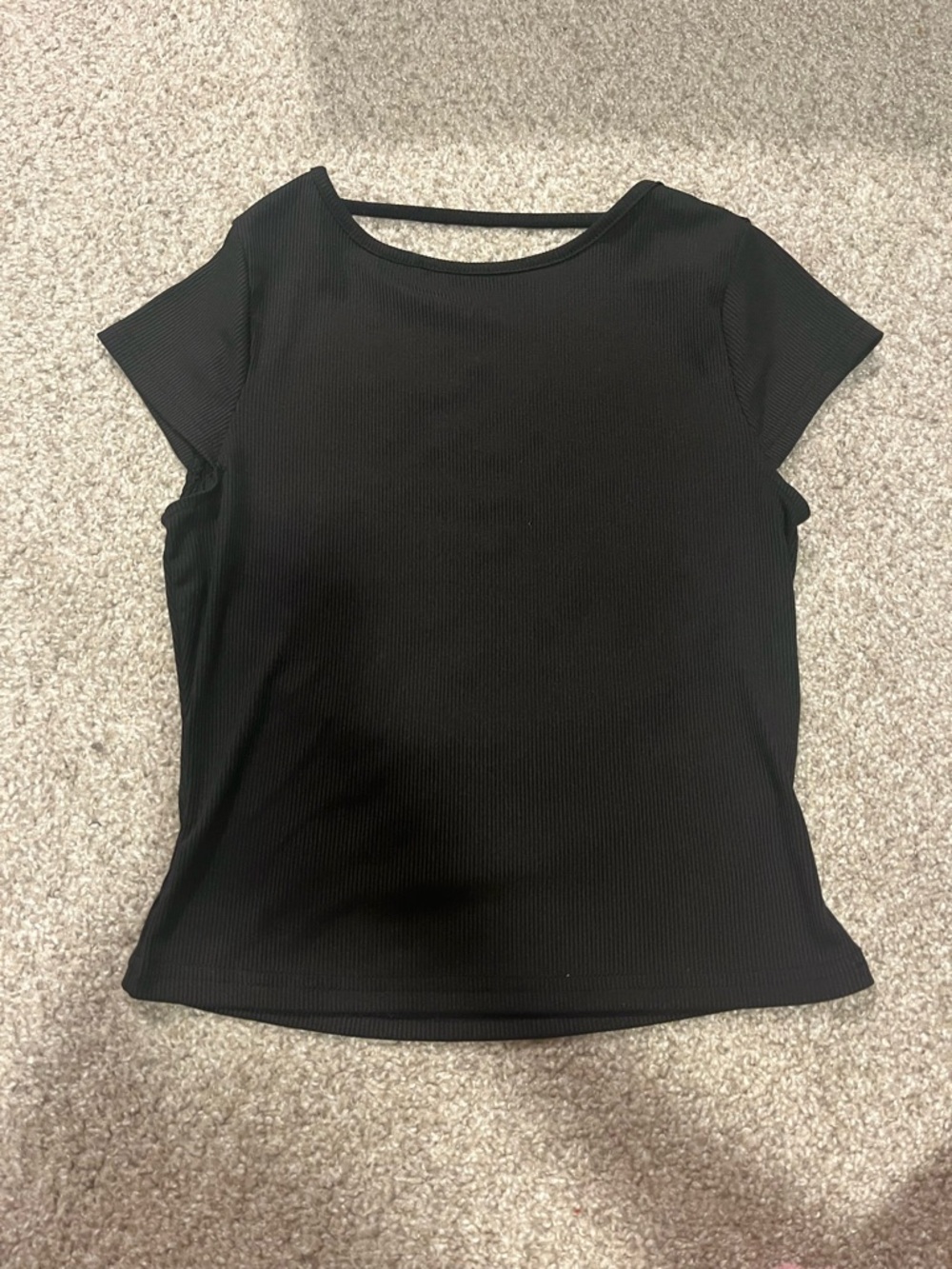 Black Ribbed Short Sleeve Top with Back Strap Detail
